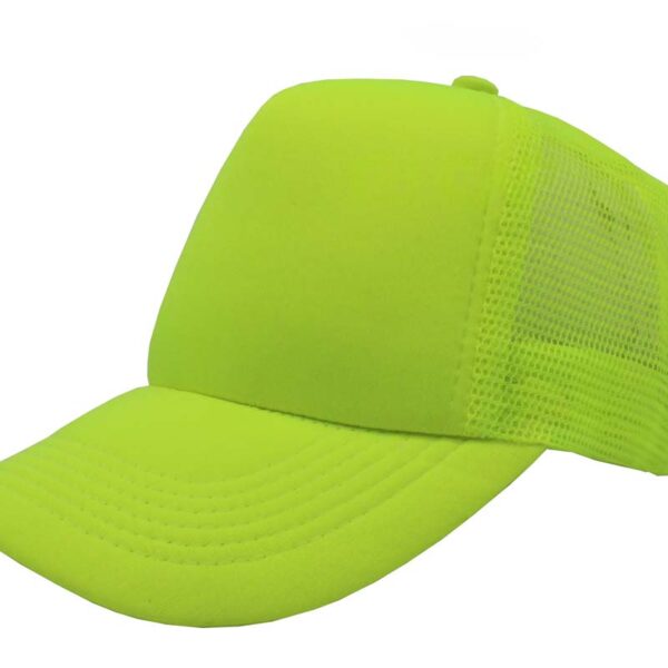 Gorra trucker de malla, color neón amarillo, ajustable.