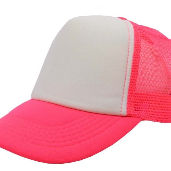 Gorra trucker de malla, color neón rosa, ajustable.
