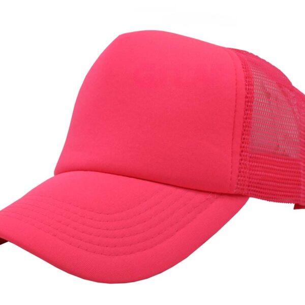 Gorra trucker de malla, color neón fucsia, ajustable.