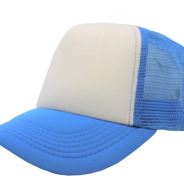 Gorra trucker de malla, color blanco/azul turquesa, ajustable.
