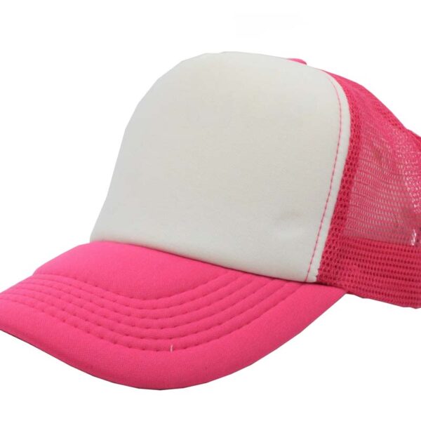 Gorra trucker de malla, color blanco/rosa mexicano, ajustable.