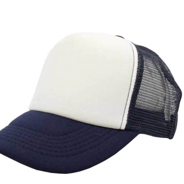 Gorra trucker de malla, color blanco/azul marino, ajustable.
