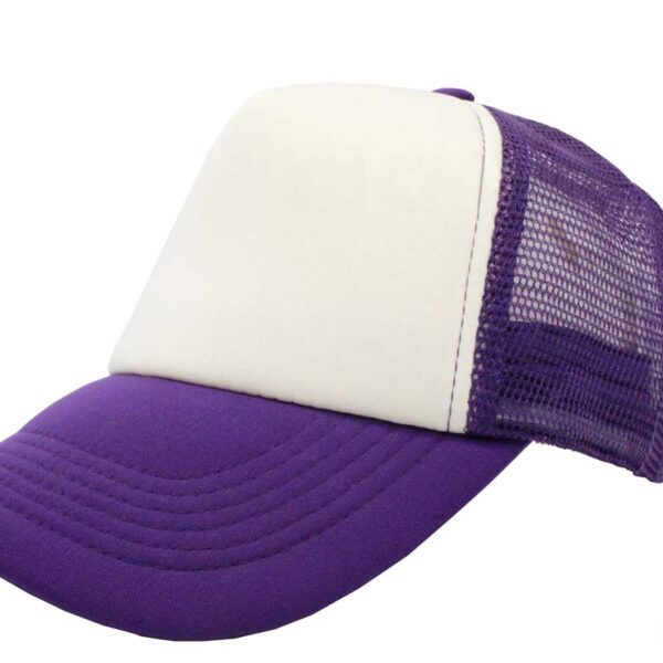 Gorra trucker de malla, color blanco/morado, ajustable.