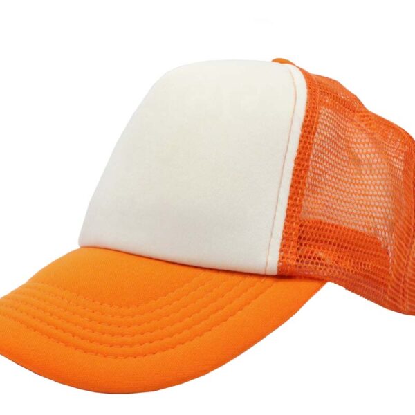 Gorra trucker de malla, color blanco/naranja, ajustable.