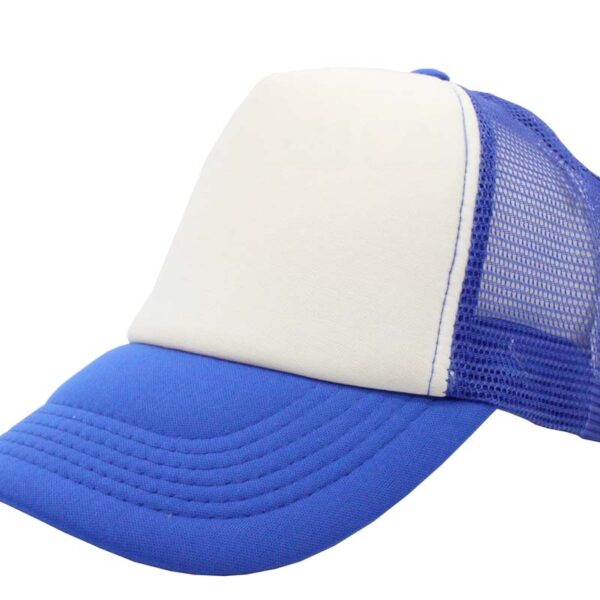 Gorra trucker de malla, color blanco/azul rey, ajustable.