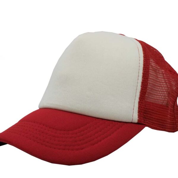Gorra trucker de malla, color blanco/rojo, ajustable.