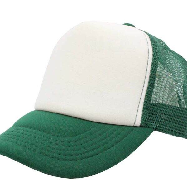 Gorra trucker de malla, color blanco/verde botella, ajustable.
