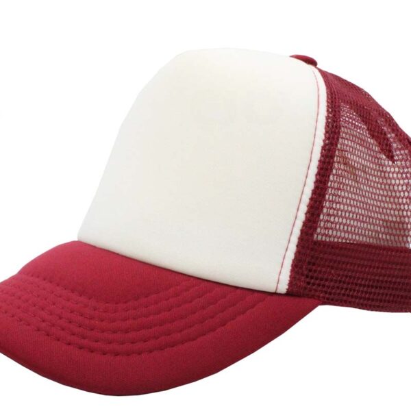 Gorra trucker de malla, color blanco/vino, ajustable.
