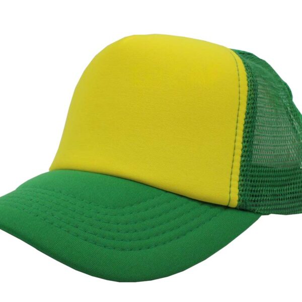 Gorra trucker de malla, color amarillo/verde botella, ajustable.